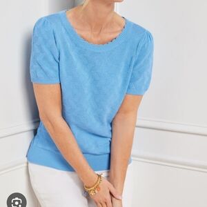 Talbots Linen Mixed Stitch Scalloped Neck Short Sleeve Sweater Shell sz XS Blue